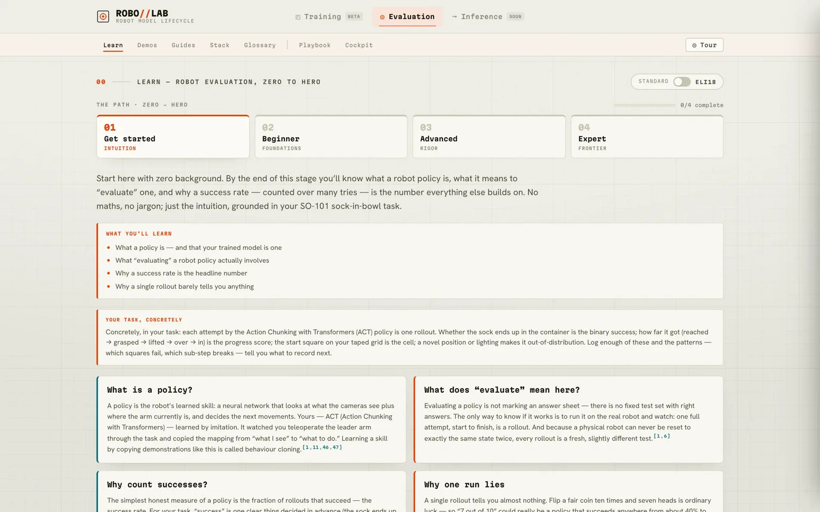 RoboLab's Learn path: a staged curriculum with a plain-language toggle
