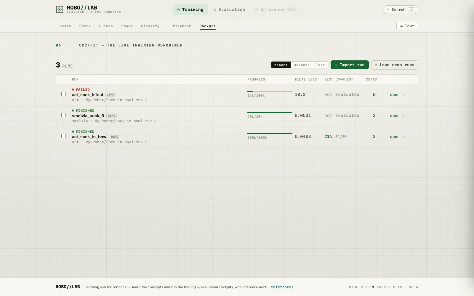 RoboLab's training cockpit: a table of runs with status, loss, and on-robot success rates